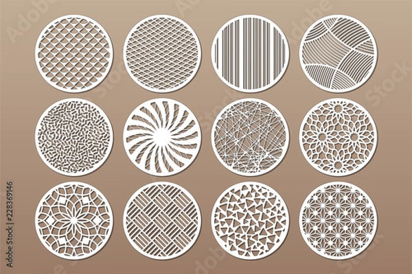 Fototapeta Set round template for cutting. Abstract line, geometric pattern. Laser cut. Set ratio 1:2. Vector illustration.