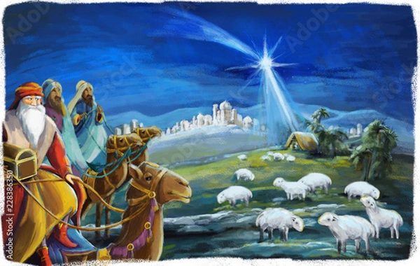 Fototapeta The illustration of the holy family and three kings -  traditional scene - illustration for the children