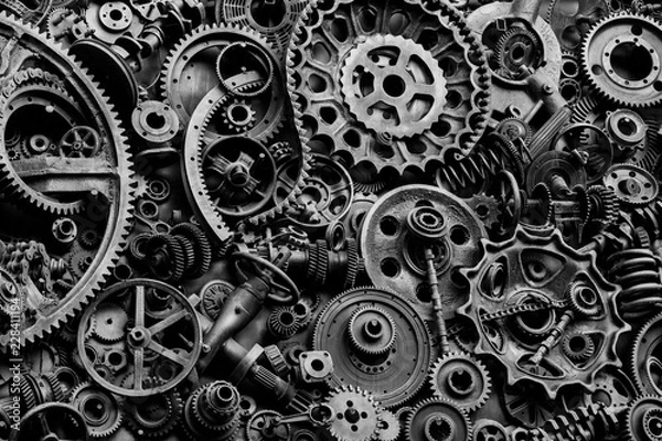 Fototapeta Steampunk texture, backgroung with mechanical parts, gear wheels
