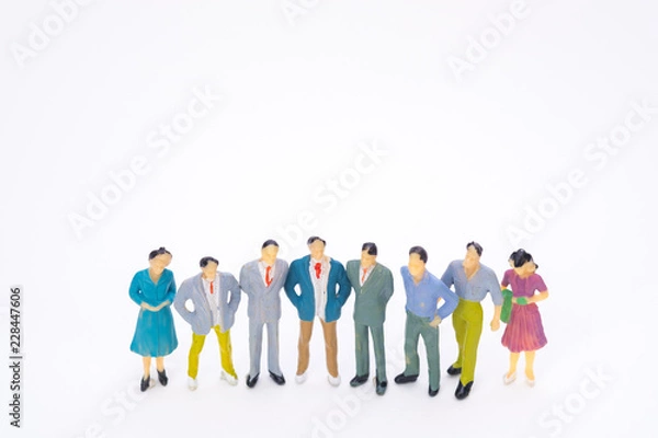 Fototapeta Group of figure miniature businessman or small people investor and office worker secretary on white background for money and financial business teamwork concept.