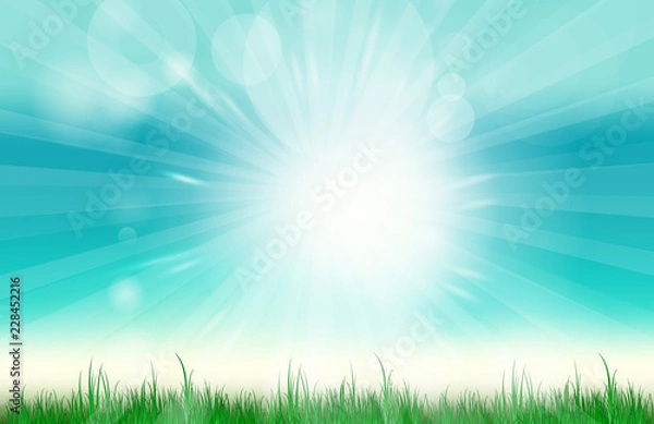 Fototapeta Abstract green and blue blurred gradient background. Nature blurred bokeh background with sunlight and grass.