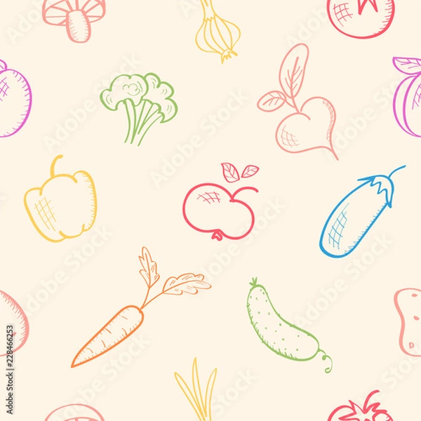 Fototapeta Seamless pattern with fruits and vegetables. Harvest theme. Vector background, sketch illustration with food. Autumn, fall season. Wallpaper.