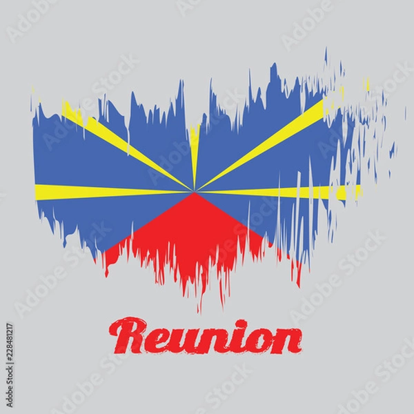 Fototapeta Brush style color flag of reunion,  red yellow and blue color with text reunion.