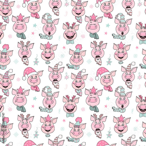 Fototapeta Beautiful seamless pattern of cute pigs with hats
