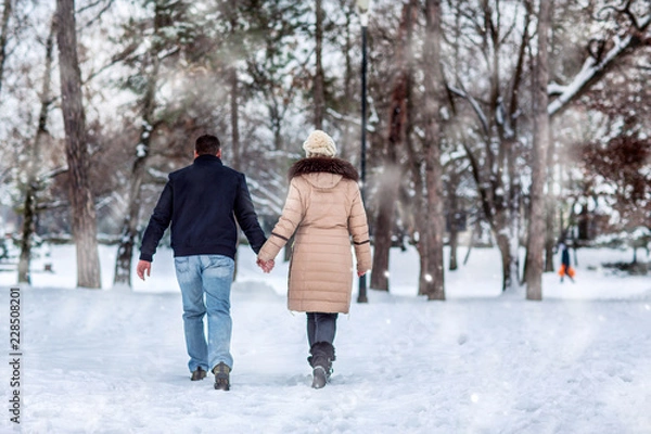Fototapeta Lovers walking in winter snow- Happy Couple in Winter Park having fun..