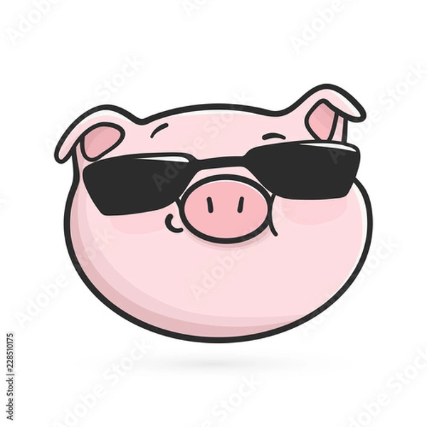 Obraz Cool emoticon icon. Emoji pig is wearing a black sunglasses.