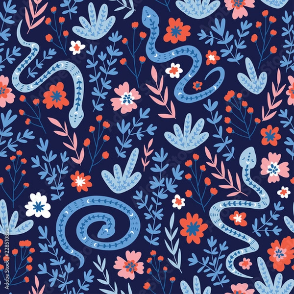 Fototapeta Snakes and flowers. Cute childish fabric design. Vector seamless pattern in hand drawn style. Ethnic repeated background.