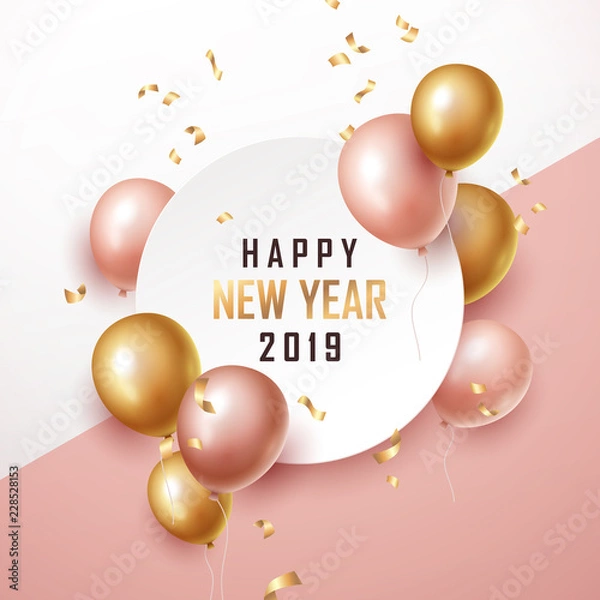 Fototapeta Happy new year 2019 background with floating party balloons. Vector illustration
