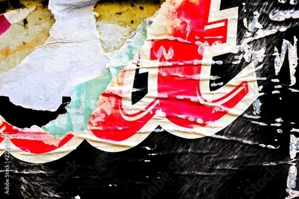 Fototapeta Old grunge ripped torn vintage collage posters creased crumpled paper surface placard texture background backdrop empty space for text letter	