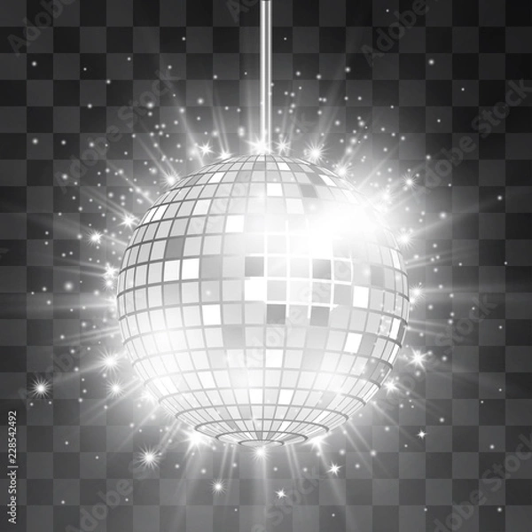 Fototapeta Retro silver disco ball vector, shining club symbol of having fun, dancing, dj mixing, nostalgic party, entertainment. Illustration on transparent background. Rays of light reflect in mirror surface.