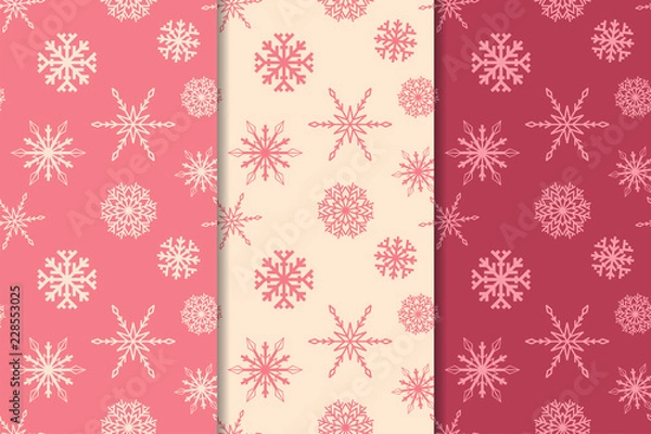 Obraz Snowflakes. Seamless patterns. Cherry red and beige winter ornaments