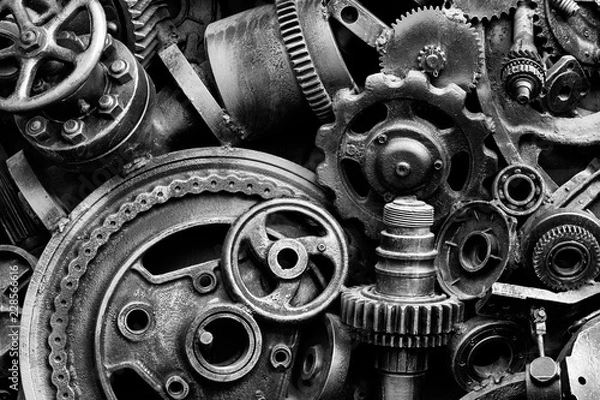 Fototapeta Steampunk texture, backgroung with mechanical parts, gear wheels