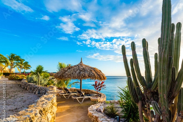 Obraz Curacao, Holandia - 23 stycznia 2018: Widok na morze w Playa Lagun. Skopiuj miejsce na tekst.