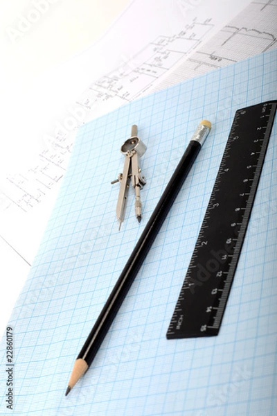 Fototapeta Compass on a graph paper