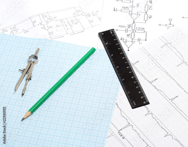 Fototapeta Compass on a graph paper