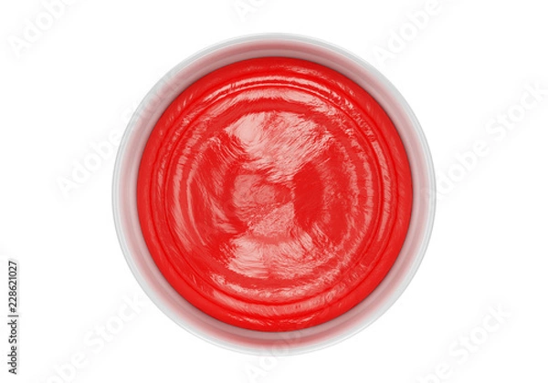 Fototapeta ketchup inside ceramic pot, isolated on white background, top view