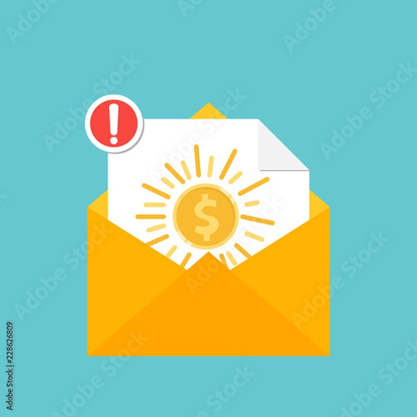 Fototapeta Coin in envelope. New email notification with warning mark. Danger warning attention sign, Message envelope icon vector illustration in flat style