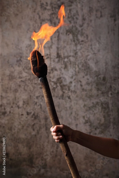 Fototapeta Human hand holding a flaaming torch