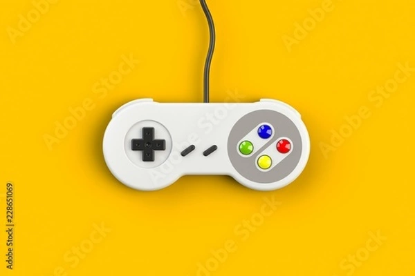 Fototapeta Konsola gier wideo Gamepad. Koncepcja gier. Widok z góry retro joystick na żółtym tle, renderowanie 3D