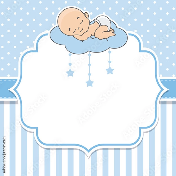 Obraz baby shower boy. baby boy sleeping on the cloud.Space for text