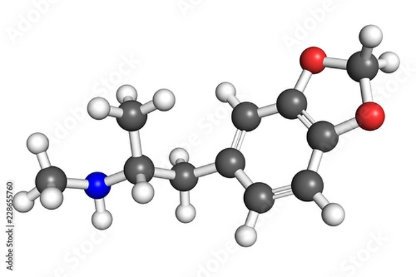 Fototapeta The structure of MDMA molecule, ball-and-stick model. MDMA is a widely used recreational drug.
