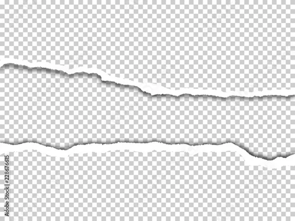 Fototapeta Torn paper edges with shadow on transparent background. Vector realistic ripped paper