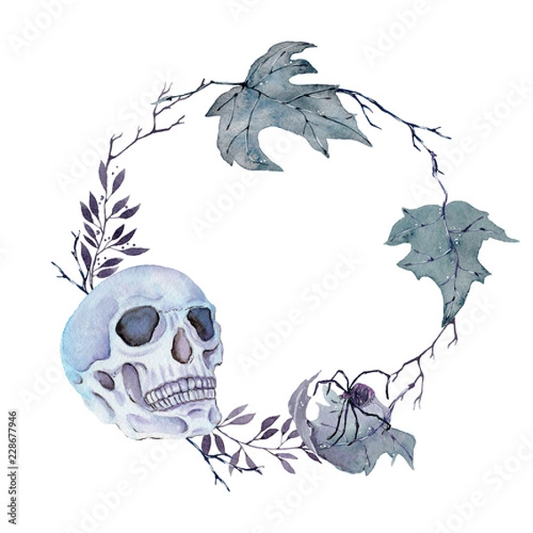 Fototapeta Watercolor skull with leaves and spider. Hand drawn illustration for halloween.