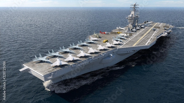 Fototapeta Aircraft carrier crossing the ocean 3D rendering