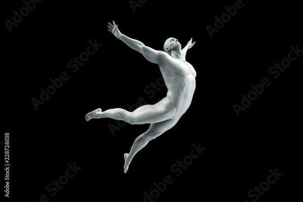 Obraz Abstract white plastic human body mannequin figure over black background. Action fly and jump pose. 3D rendering illustration