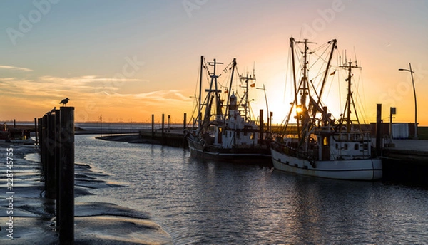 Obraz Kutterhafen in Wremen bei Bremerhaven an der Wesermündung, idyllischer Sonnenuntergang an der Nordseeküste