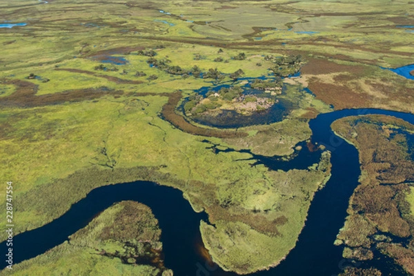 Fototapeta Widok z lotu ptaka przedstawiający wirujące wzory bujnej roślinności, wijące się ścieżki rzeczne i ląd w delcie Okawango w Botswanie