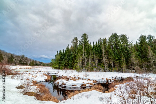 Fototapeta A river flows through the snow covered landscape