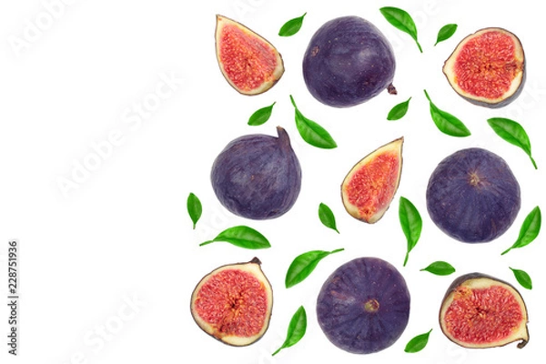 Obraz fig fruits with leaves isolated on white background with copy space for your text. Top view. Flat lay pattern