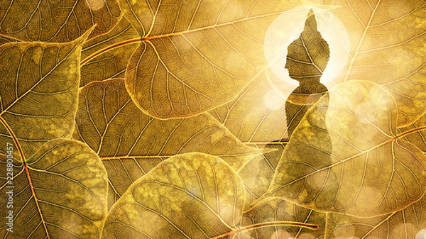 Fototapeta Budda usiądź na złotym tle z podwójnym narażeniem lub projektem sylwetki