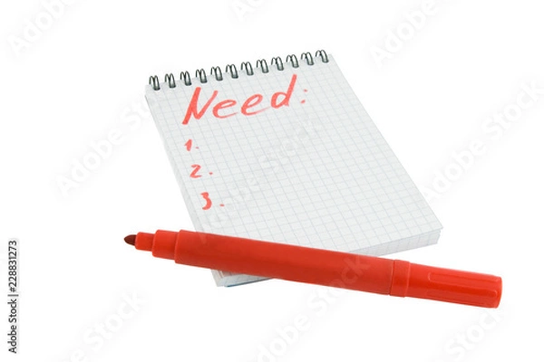 Fototapeta Red marker and notebook isolated over white