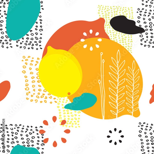 Fototapeta Lemons and abstract design elements Seamless pattern Vector illustration