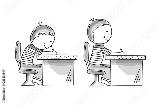 Fototapeta Boy sitting at the desk slouching. Boy sitting at the desk with correct posture. Bad and good kids habits, hand drawn illustration.