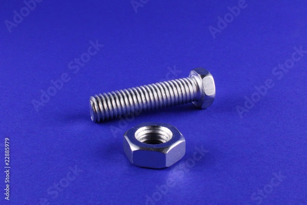 Fototapeta Schraube mit Mutter, blau