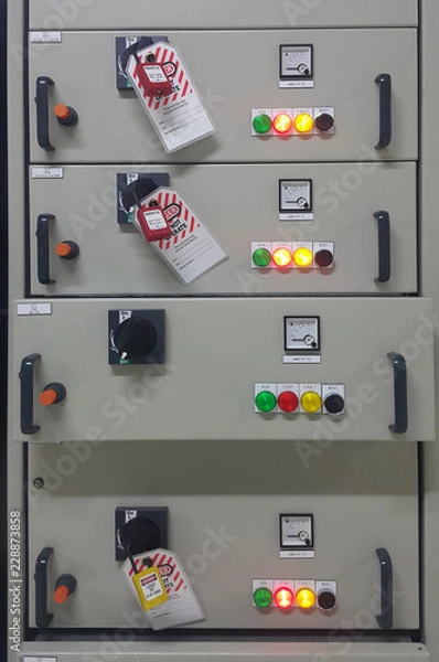 Obraz electrical part and accessories in the  control cabinet , control and power distributor,lockout ,tagout