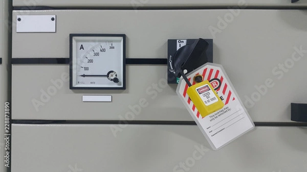 Obraz electrical part and accessories in the  control cabinet , control and power distributor,lockout ,tagout