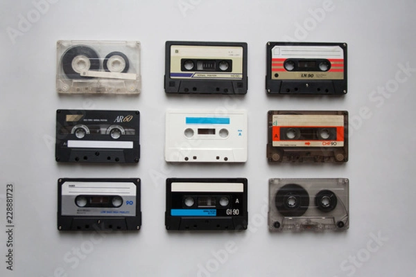 Fototapeta Audio cassettes collection isolated on white background from a high angle view