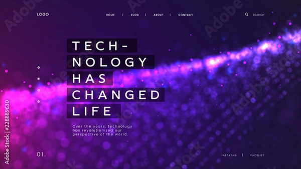 Obraz Abstrakcyjny szablon strony docelowej z jasnym fioletowym tłem cząstek - Technologia zmieniła życie, może być używana do nauki, technologii innowacji i interfejsu cyfrowej bazy danych