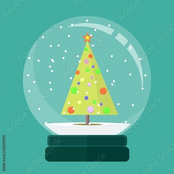 Fototapeta Christmas snow globe with a fir-tree inside in flat style. New year glass ball vector icon isolated from the background.