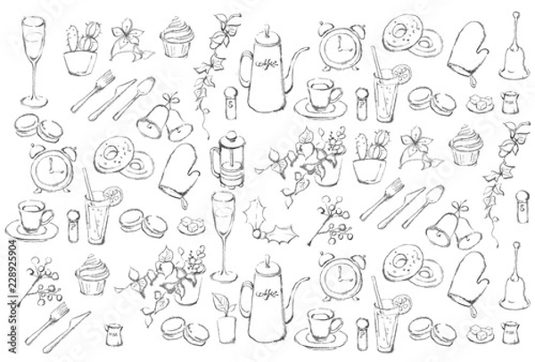 Fototapeta インテリアとカフェのセット、ランダム、モノクロ