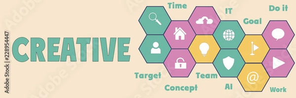 Fototapeta CREATIVE Panoramic Hi tech banner with hexagons icons and tags
