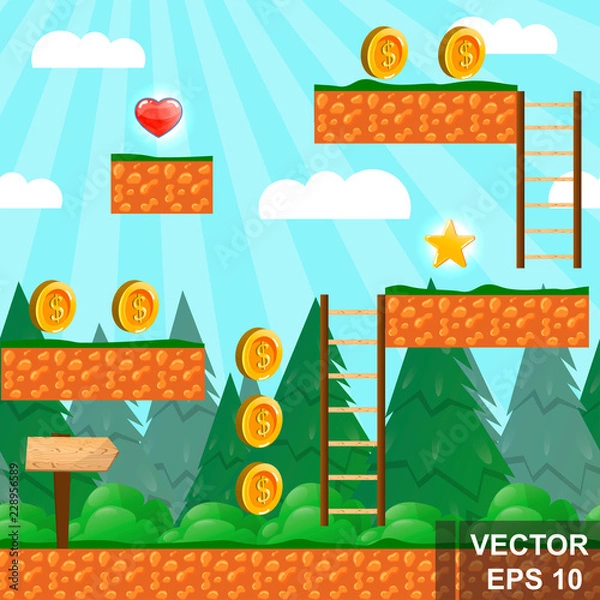 Fototapeta Game background. Cartoon Victory. Passage of the quest. For your design. Win. Coin.