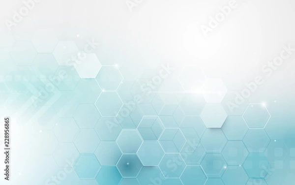 Fototapeta Abstract blue geometric hexagon shape and lines with science concept background