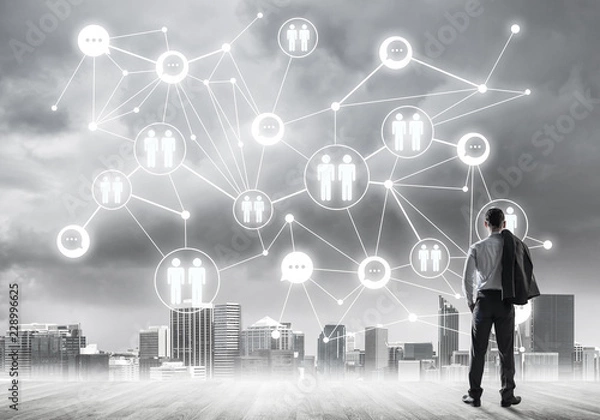 Fototapeta Social connection concept drawn on screen as symbol for teamwork