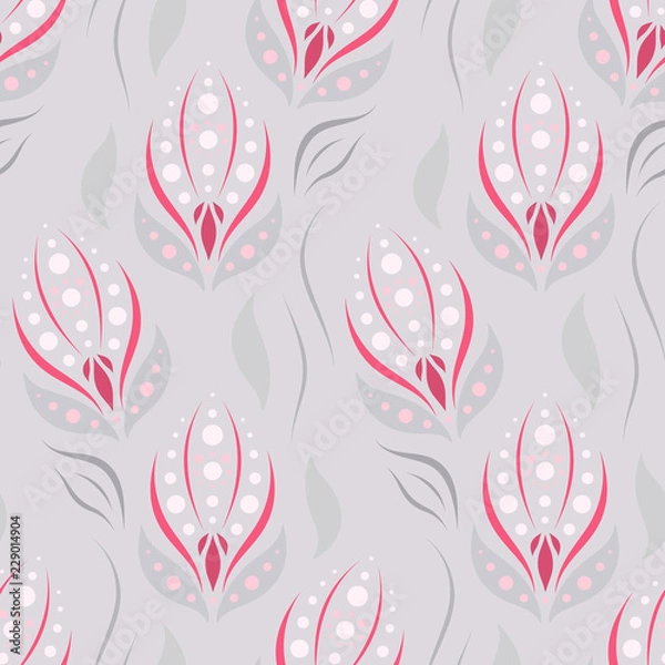 Fototapeta Seamless vector ornamental pattern with abstract floral elements in pastel colors on gray background