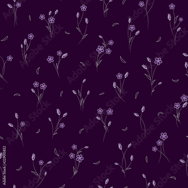 Fototapeta Seamless vector floral pattern with tiny chamomile and tulip flowers in monochrome purple colors on dark background